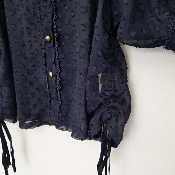 La Chapelle Navy Blue Sheer Chiffon Ruffle Batwing Blouse Top Romantic Coquette - Picture 8 of 15